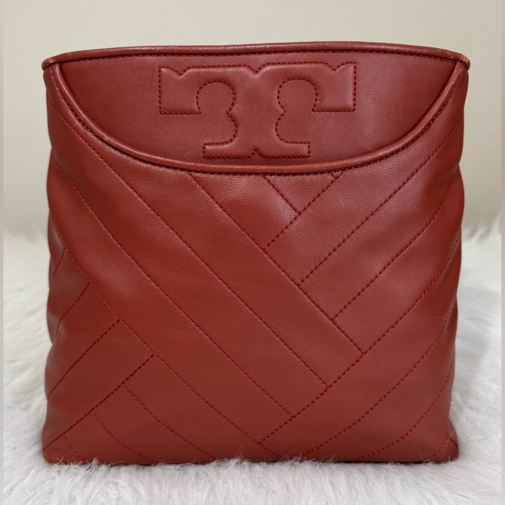 RARE Tory Burch Small Alexa Convertible Tote Bag Quilted Lambskin Rust Gold EUC - Picture 4 of 15